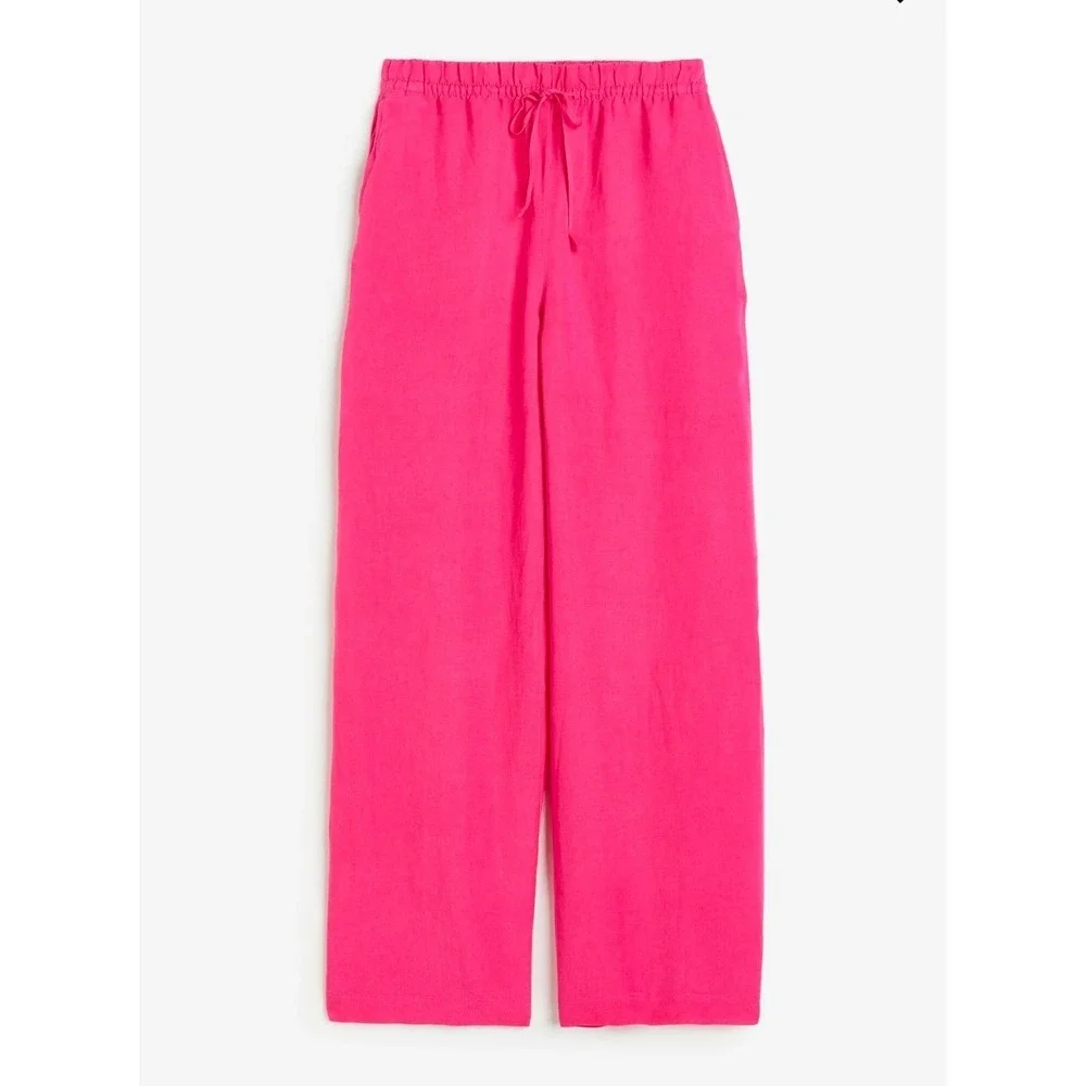 H&M Women Linen Blend Wide Leg Pants Med Pink Drawstring vacation travel beach